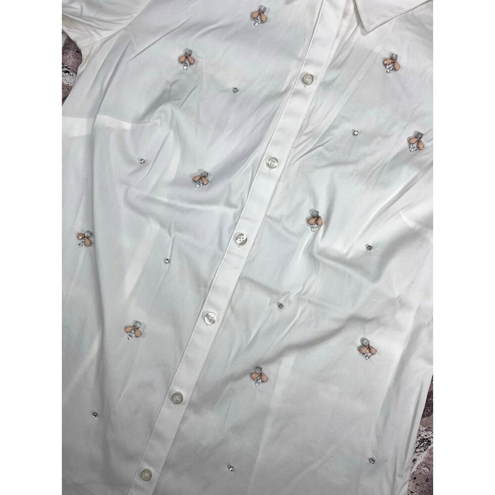 Ann Taylor Blouse 6 White Long Sleeve Gem Jeweled Neck Career Wear Professional - Picture 5 of 9